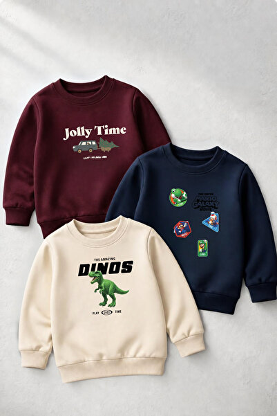 Derays JollyTime-Dinos Baskılı 3'lü Erkek Çocuk Sweatshirt