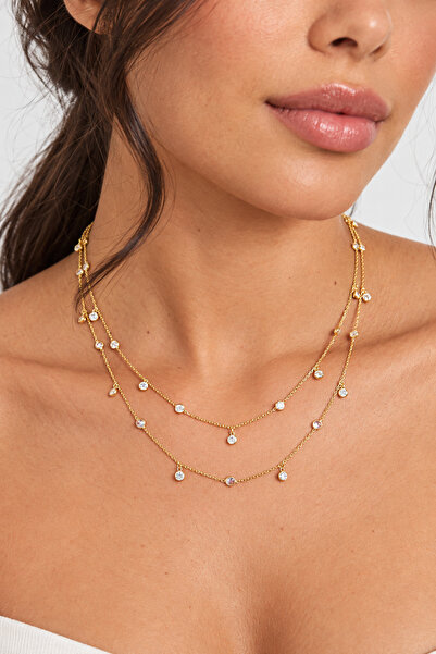 Queen Silver Jewelry altın kaplama zirkon taş sallantılı 2 li kolye