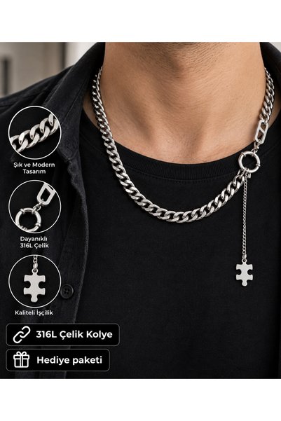 HER ŞEY NOTA www.herseynota.com Men's Thick Chain Necklace with Dangling Geom...