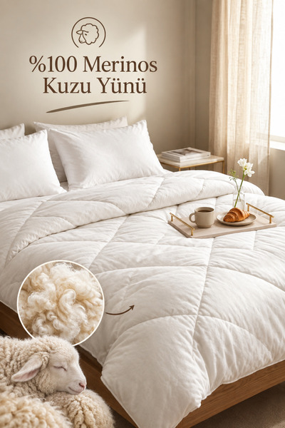 Peacock 2 Adet Yün Yastık ve 1 Adet Yün Yorgan Uyku Takımı Doğal Yün Çift Kiş...