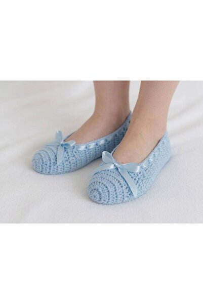 yucin Blue Knitted Women's Home Slippers with Ribbon, Dowry Slippers, Home Sh...