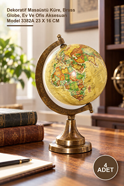 4 Adet Pirinç Dünya Küre – Dekoratif Masaüstü Küre, Brass Globe, Ev Ve Ofis Aksesuarı Model 3382A 23 X 16 CM