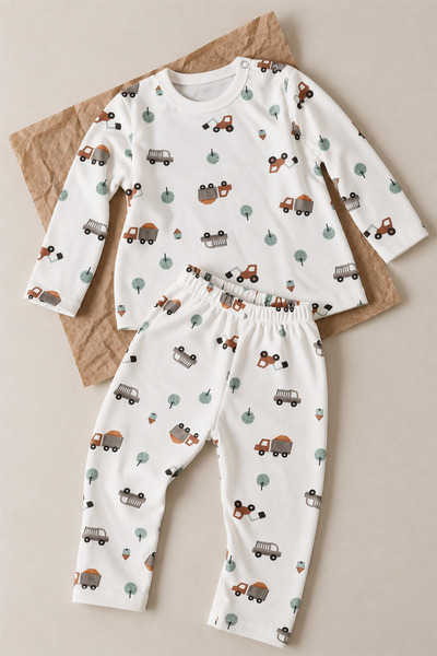 Luppinos Truck Printed 100% Cotton Snap Fastener Baby Top and Bottom Set