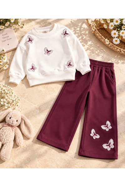 Lumia Baby Girl's Butterfly Detailed Sweatshirt Wide-Legged Trousers Set 2-3-4-5 Years Old Pink Claret Red Brown