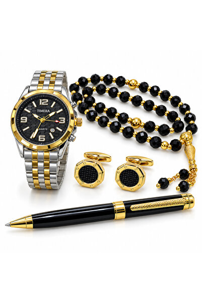 TIMERA Men's Quartz Watch Gift Set with Black Prayer Beads, Pen and Cufflinks