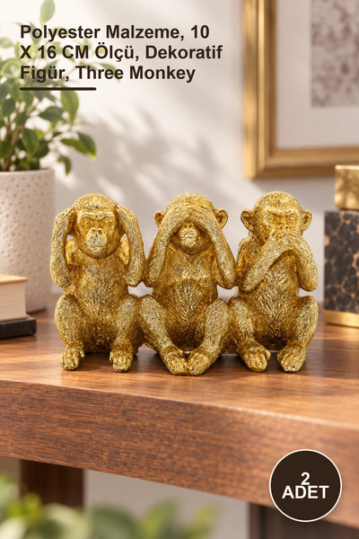 2 Adet Polyester 3 Maymun Desenli Aksesuar – Polyester Malzeme, 10 X 16 CM Ölçü, Dekoratif Figür, Three Monkey