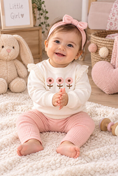 SERPİL SS GİYİM Kız Bebek Çiçek Desenli 2'li Takım – Uzun Kollu Sweatshirt ve...