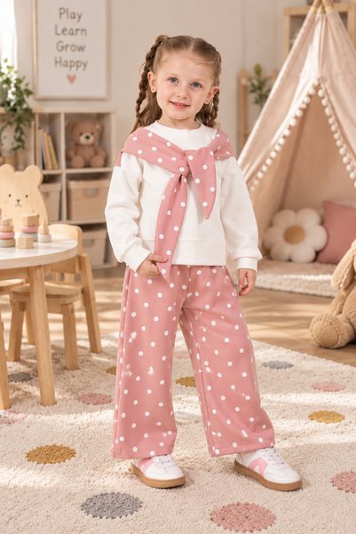 Lumia Baby Girl's Polka Dot Wide-Leg Pants Cotton Sweatshirt Set 2-3-4-5 Years Old Pink - Purple