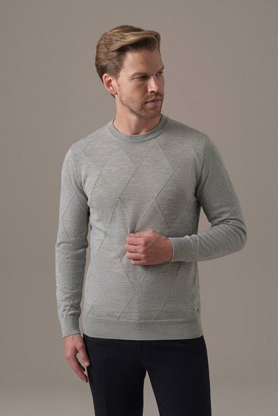 Hemington Merino Yün İpek Karışım Bisiklet Yaka Argyle Desen Açık Gri Triko