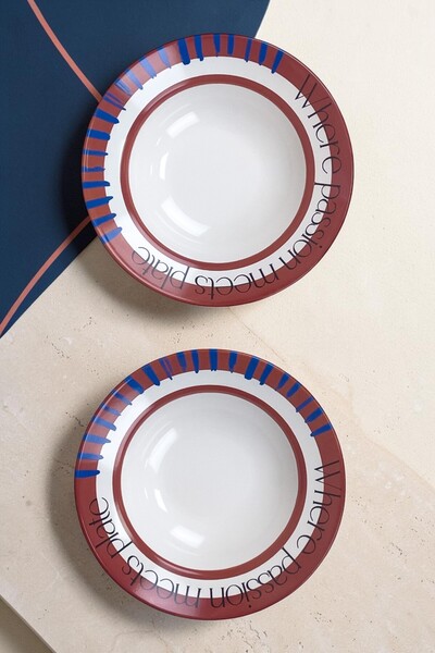 Sırvenis 2’li Bordo Mavi Yazı Desenli Çukur Makarna Tabağı 27 cm