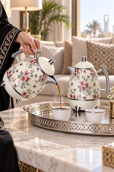 Generic طقم ترامس ضغاط فاخر ابيض بنقوش الورود وركائز معدنية – لمسة كلاسيكية س...