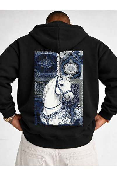 VEK Hanorac supradimensionat cu glugă, cu model Kilim, unisex, design cu cai