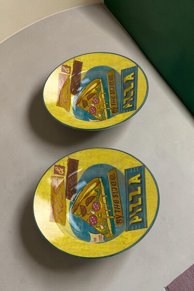 Sırvenis 2’li Retro Pizza Desenli Sarı Çukur Makarna - Mantı Tabağı 23 cm