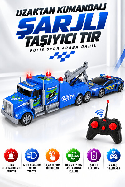 NeoThings Uzaktan Kumandalı Taşıyıcı Çekici Tır 54cm Şarjlı Işıklı Spor Araba...