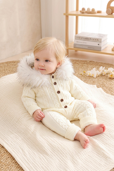 Babymod Knitted Fur Detailed Welsoft Lined Hooded Winter Baby Jumpsuit