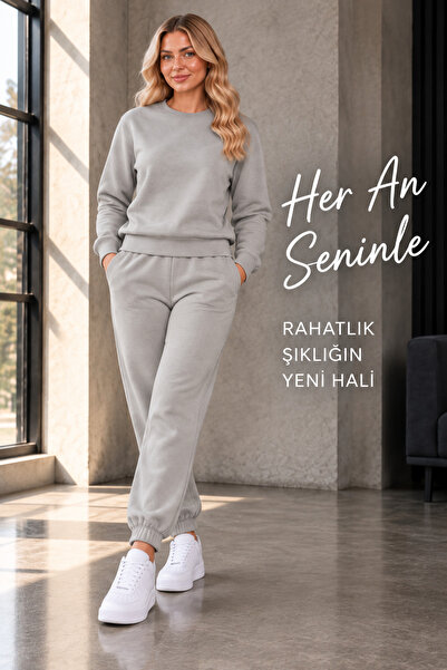 ASHEY Kadın Gri 3 İplik Kışlık Eşofman Takımı Bisiklet Yaka Sweatshirt Lastik...