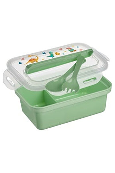 OEM Caserola din Plastic Verde Menta Dinozaur cu 2 Compartimente & Tacamuri p...