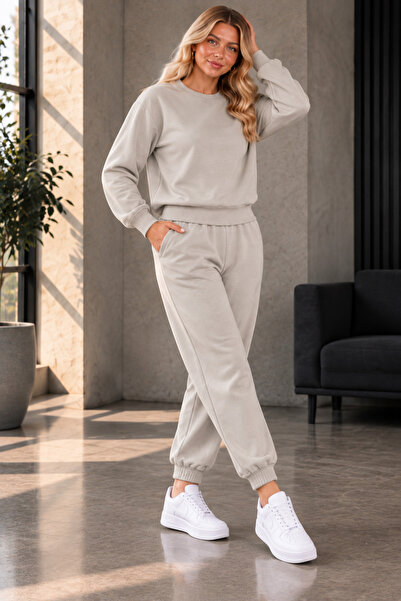 ASHEY Kadın Taş 3 İplik Kışlık Eşofman Takımı Bisiklet Yaka Sweatshirt Lastik...