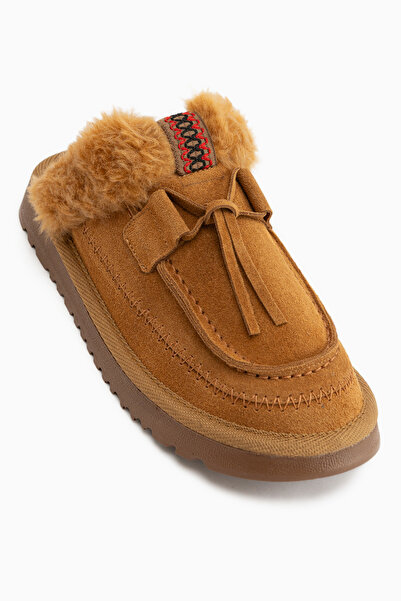 Limoya Tisha Genuine Leather Tan Suede Fur Lace Detailed Women's Slippers