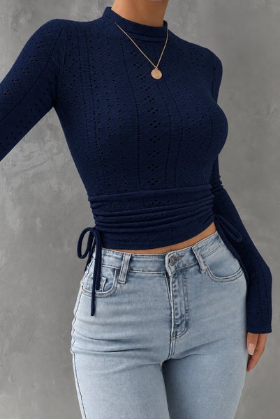 Marin Star Navy Blue Lace Patterned Long Sleeve Crop Blouse, Navy Blue Embroidery Patterned Side Gathered Lycra Blouse