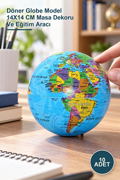 10 Adet Masa Üstü Dönen Dünya Küre – Döner Globe Model 14X14 CM Masa Dekoru Ve Eğitim Aracı