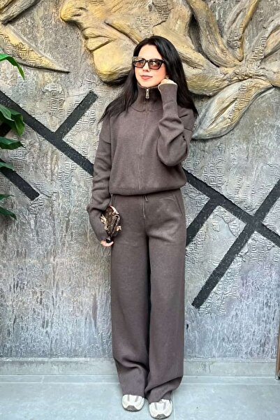 sunfyre Double Zippered Cardigan Elastic Waist Pants Knitwear Set Sun543