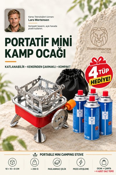 Transformacion 4 Kartuş Hediyeli Portatif Mini Kamp Ocağı Katlanabilir Gazlı Kamp Pürmüzü Çakmaklı Açık Hava Ocağı 723728