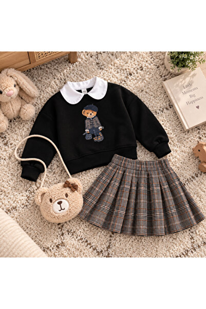 Lumia Baby Girl's Teddy Bear Printed Collared Sweatshirt, Pleated Shorts, Ski...