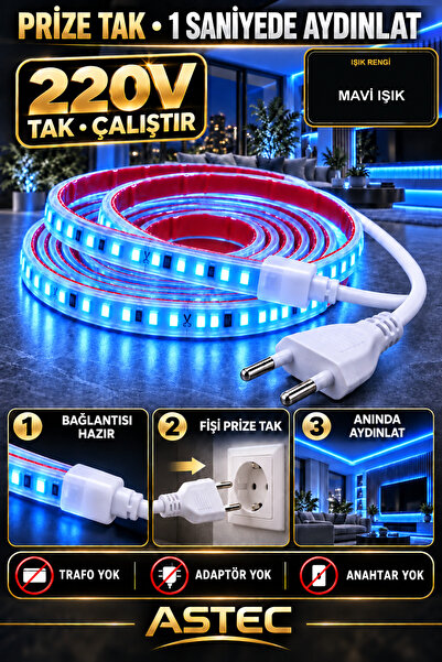 ASTEC Yapışkanlı 1 Metre Mavi 220V Silikonlu Şerit LED Yüksek Güç Tak Çalıştır İç Dış Mekân Su Geçirmez