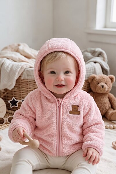 AyCaTa Welsoft Kapüşonlu Fermuarlı Bebek Hırka Peluş Mont - Pembe