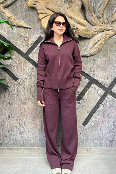 sunfyre Double Zippered Cardigan Elastic Waist Pants Knitwear Set Sun543