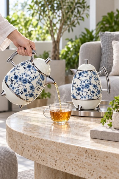 Generic Luxurious White Tramisu Press Set with Blue Floral Patterns and Metal...