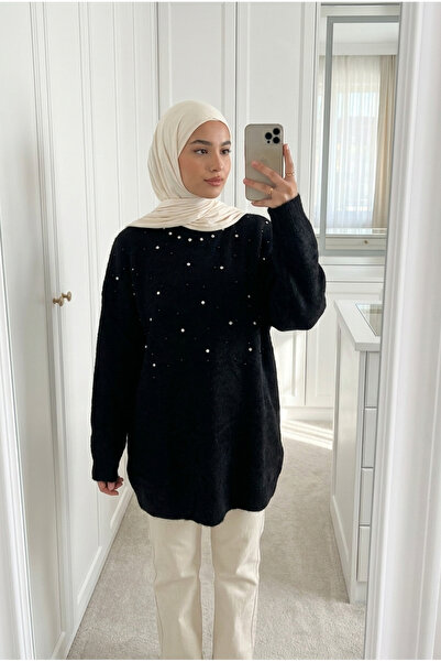 Kirazca Butik سترة نسائية طويلة مزينة بالتفاصيل الحجرية الفاخرة مقاس كبير 85 سم