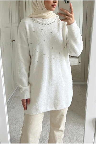 Kirazca Butik Women's Plush Stone Detailed Oversize Long Sweater Tunic 85 cm