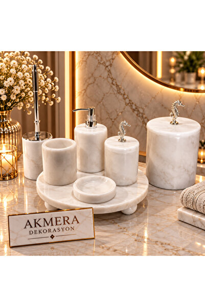 AKMERA 7 Parça Gerçek Mermer Top Ayaklı Banyo Seti