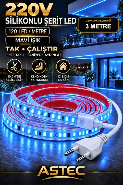 Genel Markalar Yapışkanlı 3 Metre Mavi 220V Silikonlu Şerit LED Yüksek Güç Ta...
