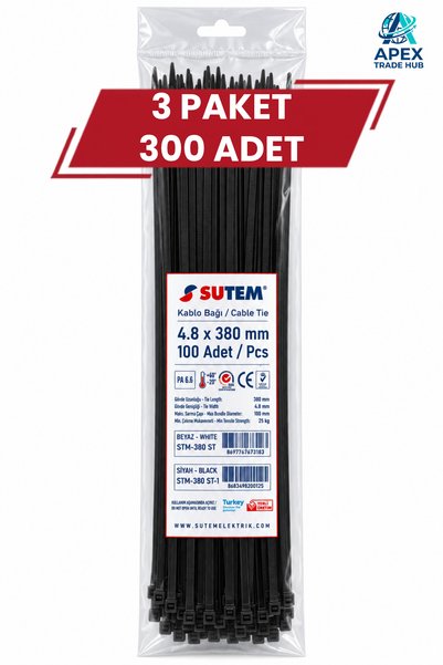 SUTEM Siyah Kablo Bağı Cırt Kelepçe 4.8 x 380 mm 300 Adet