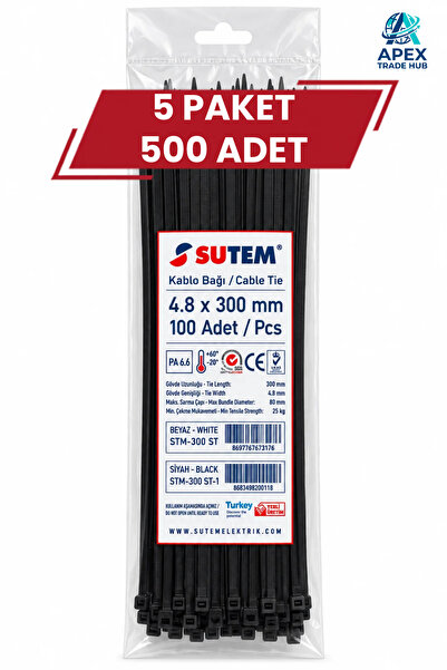 Siyah Kablo Bağı Cırt Kelepçe 4.8 x 300 mm 500 Adet