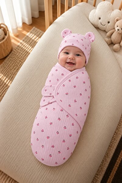 KUZENLER BEBE BEBEK YENİDOĞAN %100 PAMUKLU CIRT CIRTLI ŞAPKALI KUNDAK kz0034