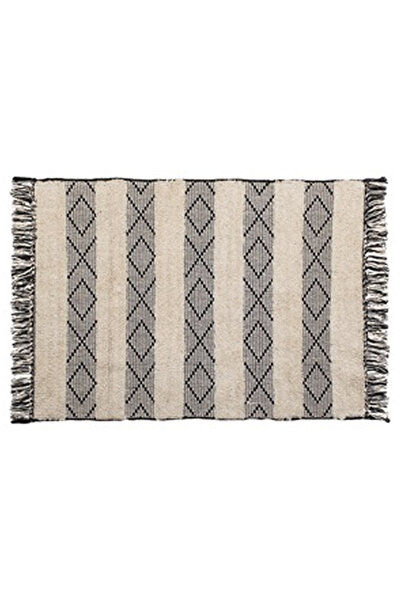 OEM Covoras Decorativ de Iarna din Bumbac Bej Negru cu Dungi & Franjuri 110x80cm