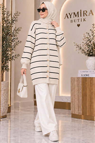 aymiraa Women's Striped Detailed Soft Buttoned Hijab Knitwear Cardigan