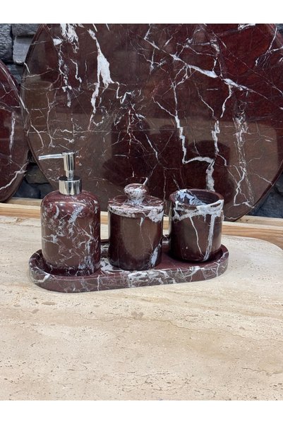 Polen Stone طقم حمام من الرخام الطبيعي بلون الكرز مكون من 4 قطع مع صينية بيضاوية الشكل