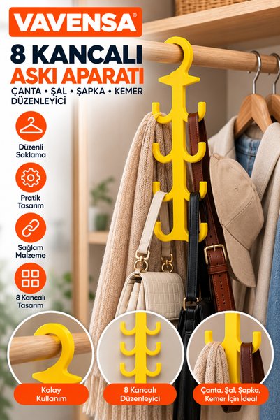 VAVENSA 8 Kancalı Dolap İçi Askılık Çok Amaçlı Askı Aparatı Çanta Şal Şapka K...
