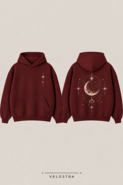 Velostra Unisex Ay Baskılı Günlük Kullanım Rahat Bordo İçi Şardonlu 3 iplik P...