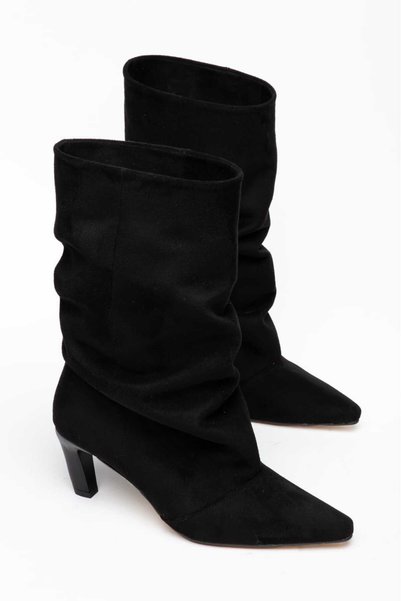 SEDRİK Dima Pointed Toe Black Suede Bellows Thin Heel Women's Boots