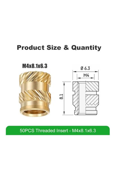 Mintion Set de 50 de inserții filetate M4 din alamă pentru imprimare 3D, lungime 8,1 mm și diametru exterior 6,3 mm