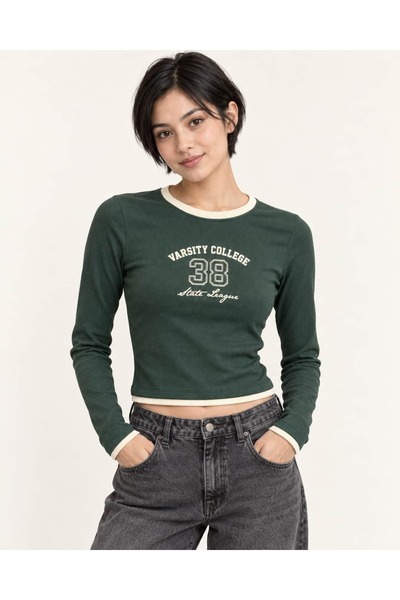 CANMODA Varsity College 38 Top verde pentru femei, cu mânecă lungă