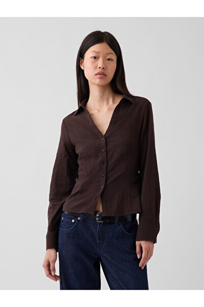GAP Kadın Kahverengi Textured Dobby Fitted Gömlek