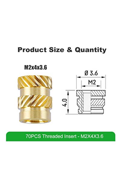 Mintion Set de 70 de inserții filetate M2 din alamă pentru imprimare 3D, lungime 4 mm și diametru exterior 3.6 mm