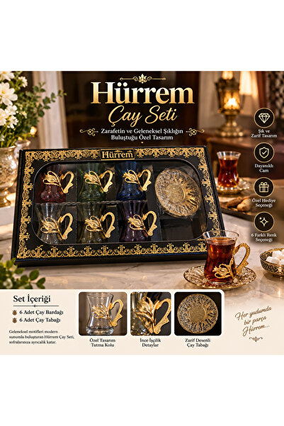 EKİM TOYS Hürrem Çay Seti 6 Kişilik Lale Kulplu Cam Çay Bardağı ve Çay Tabağı...